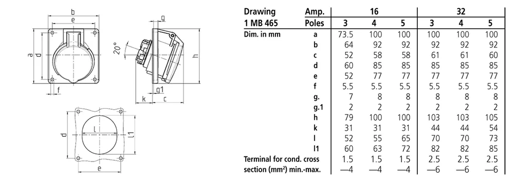 Dimension drawing — Mennekes Panel mounted receptacles — Screwless spring terminals (IP44 / IP67)